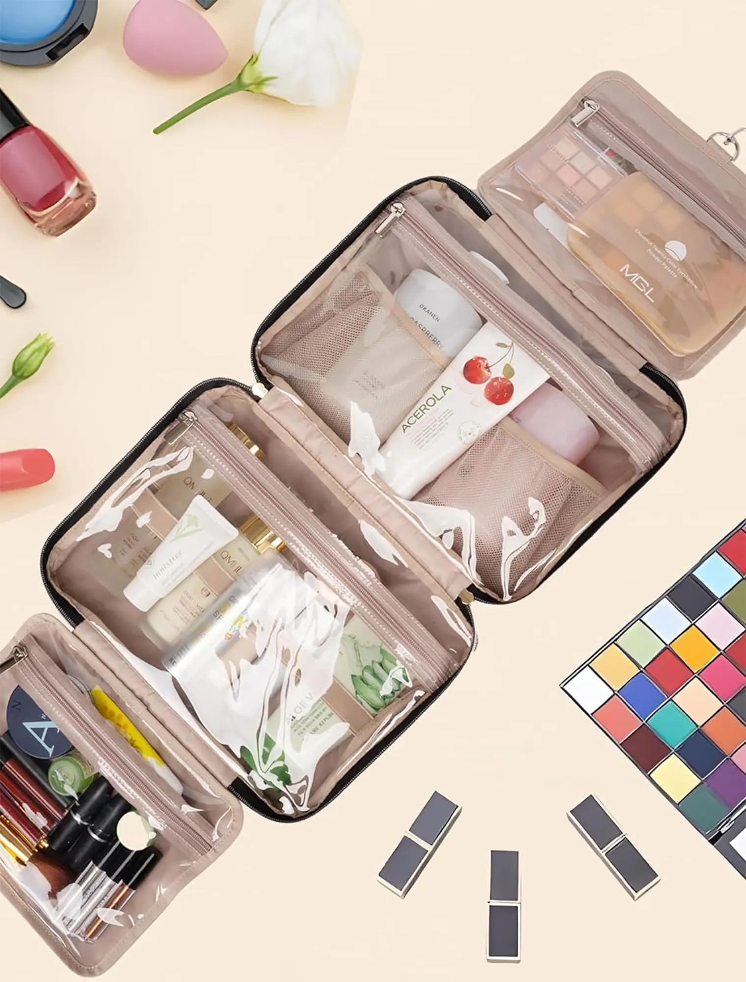 BALULHG Black Toiletry Bag Travel with Hanging Hook, Water-resistant Cosmetic Makeup Bag Organizer for Shampoo, Full Sized Container, Toiletries