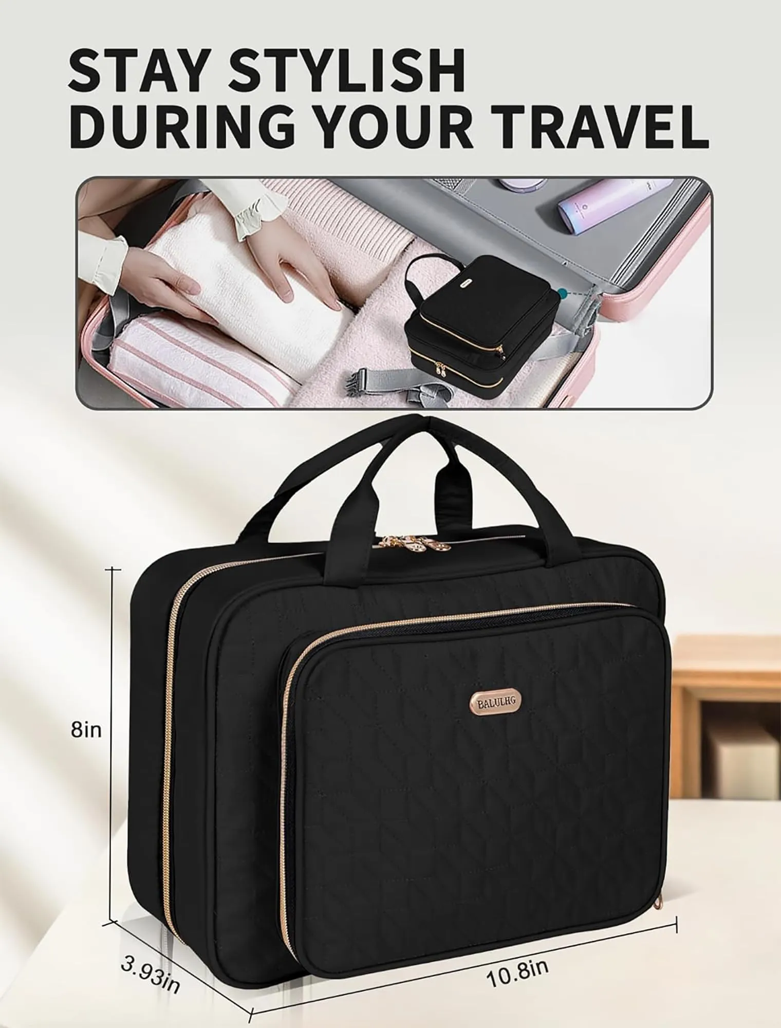 BALULHG Black Toiletry Bag Travel with Hanging Hook, Water-resistant Cosmetic Makeup Bag Organizer for Shampoo, Full Sized Container, Toiletries