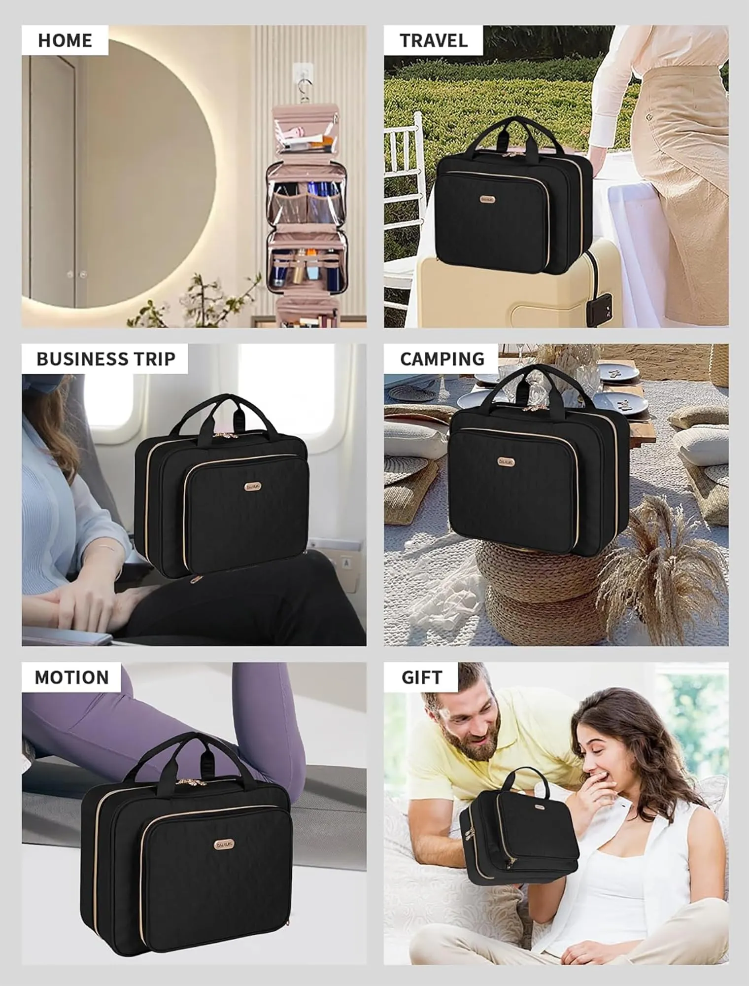 BALULHG Black Toiletry Bag Travel with Hanging Hook, Water-resistant Cosmetic Makeup Bag Organizer for Shampoo, Full Sized Container, Toiletries