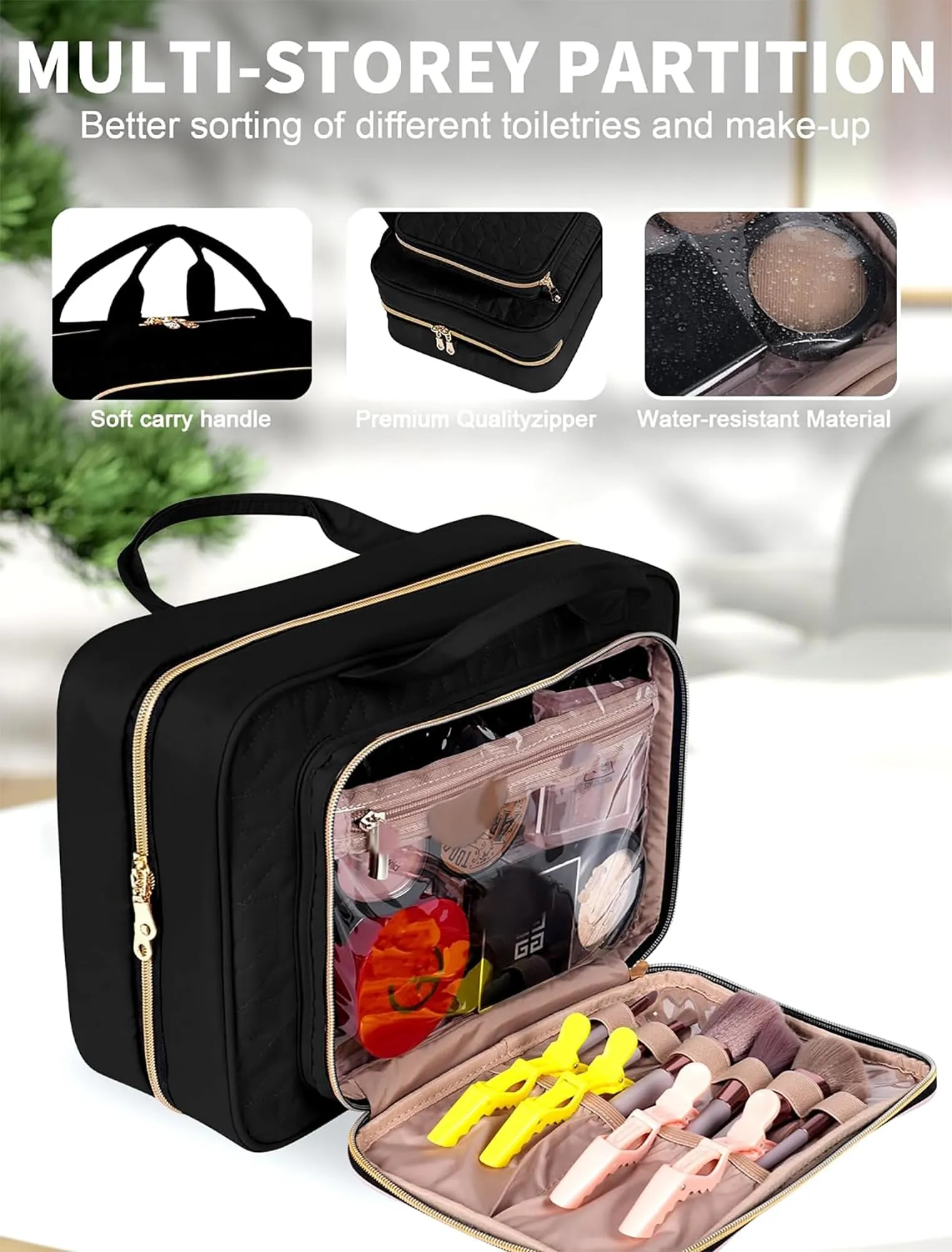 BALULHG Black Toiletry Bag Travel with Hanging Hook, Water-resistant Cosmetic Makeup Bag Organizer for Shampoo, Full Sized Container, Toiletries
