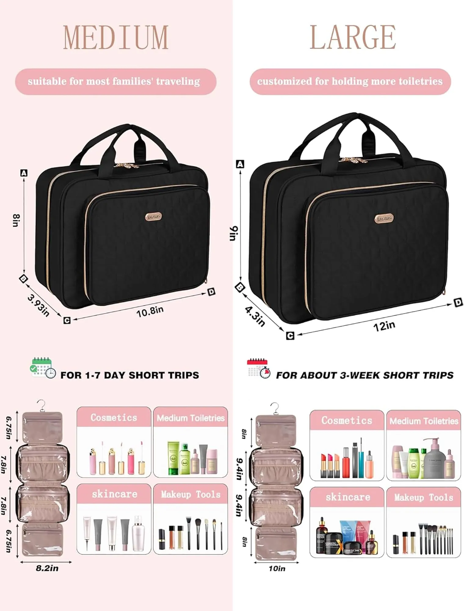 BALULHG Black Toiletry Bag Travel with Hanging Hook, Water-resistant Cosmetic Makeup Bag Organizer for Shampoo, Full Sized Container, Toiletries