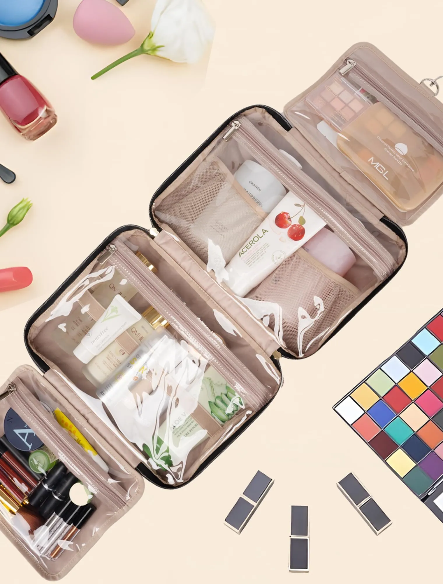 BALULHG Travel Toiletry Bag for Women Large Capacity with Hook - Portable Cosmetic Case,Hanging Makeup Bag for Full Sized ToiletriesTravel Essentials for Business Trips and Camping Beige