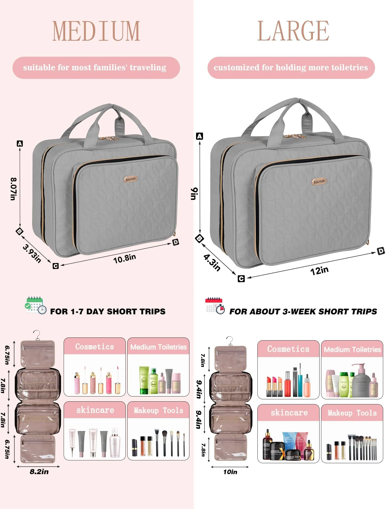 BALULHG Travel Toiletry Bag for Women Large Capacity with Hook - Portable Cosmetic Case,Hanging Makeup Bag for Full Sized Toiletries,Travel Essentials for Business Trips and Camping Grey