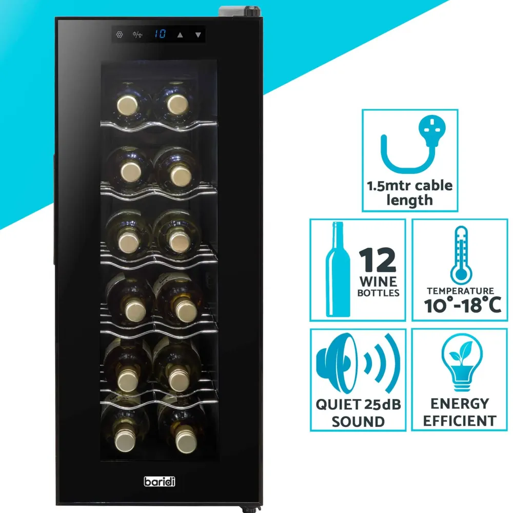 Baridi 12 Bottle Wine Cooler Fridge with Touch Controls - Black - B