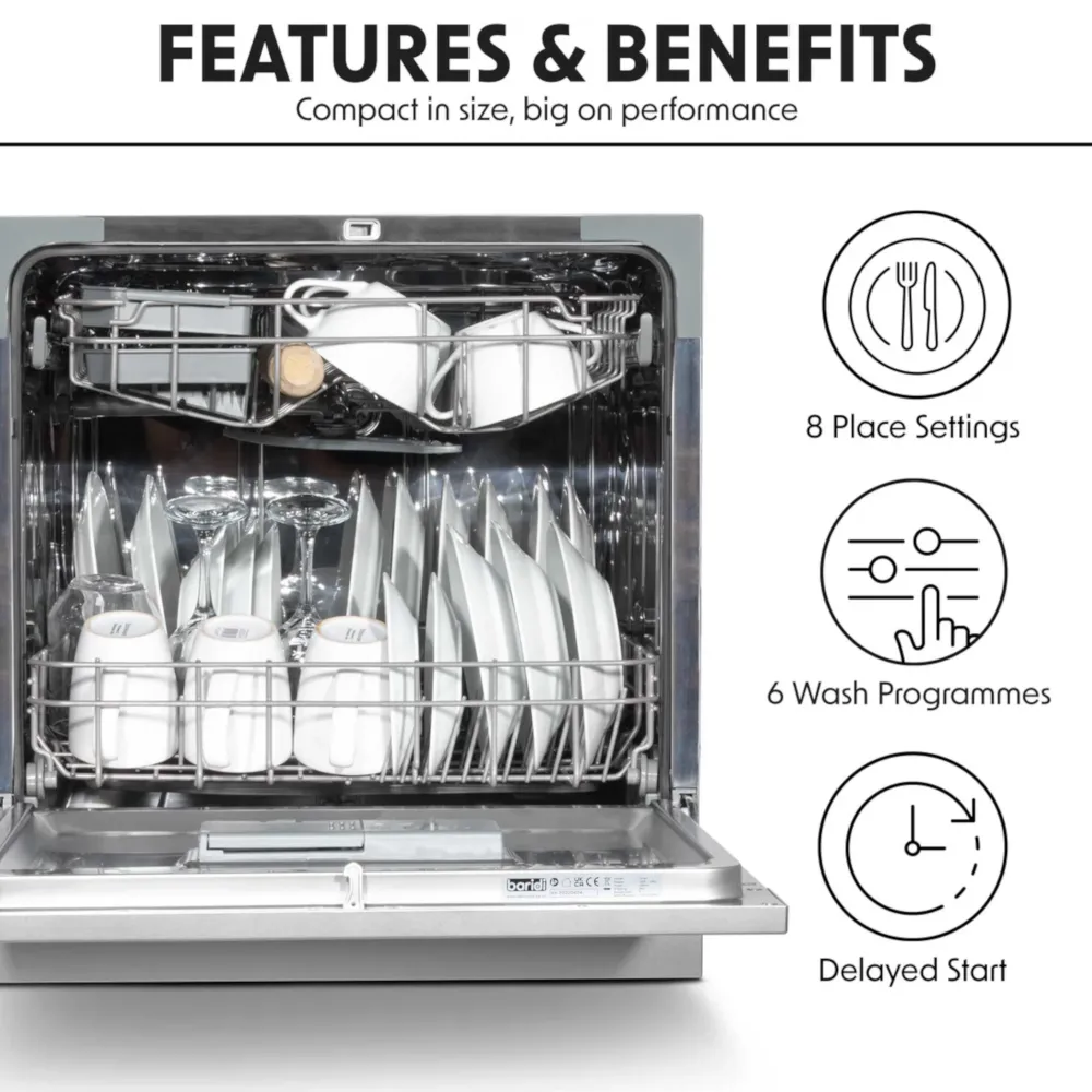 Baridi Compact Tabletop Dishwasher 8L, 8 Place Settings - Silver - B