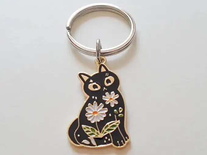 Black Cat Charm Keychain with Daisy Flowers, Cat Person Keychain, Cat Lady Keychain