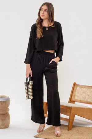 Black Lightweight Crinkle Elastic Waist Pant
