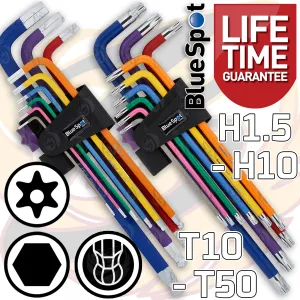 BLUESPOT 18PCS COLOUR CODED TAMPERPROOF TORX & BALL END HEX KEY SETS