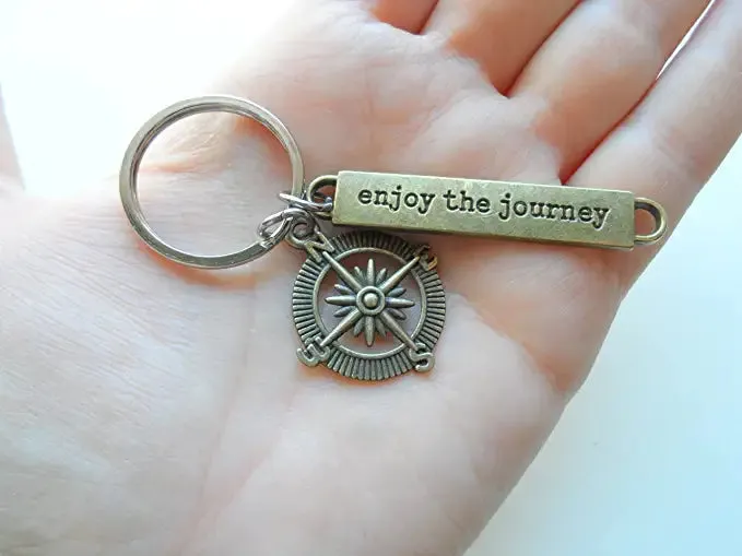 Bronze Enjoy the Journey Compass Charm Keychain - Graduation Keychain, Encouragement Keychain