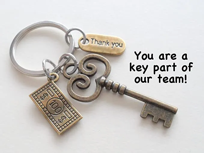 Bronze Key & Money Charm Keychain, Cashier Team, Convenience Store Employee Appreciation, Grocery Store Staff, Thank You Keychain