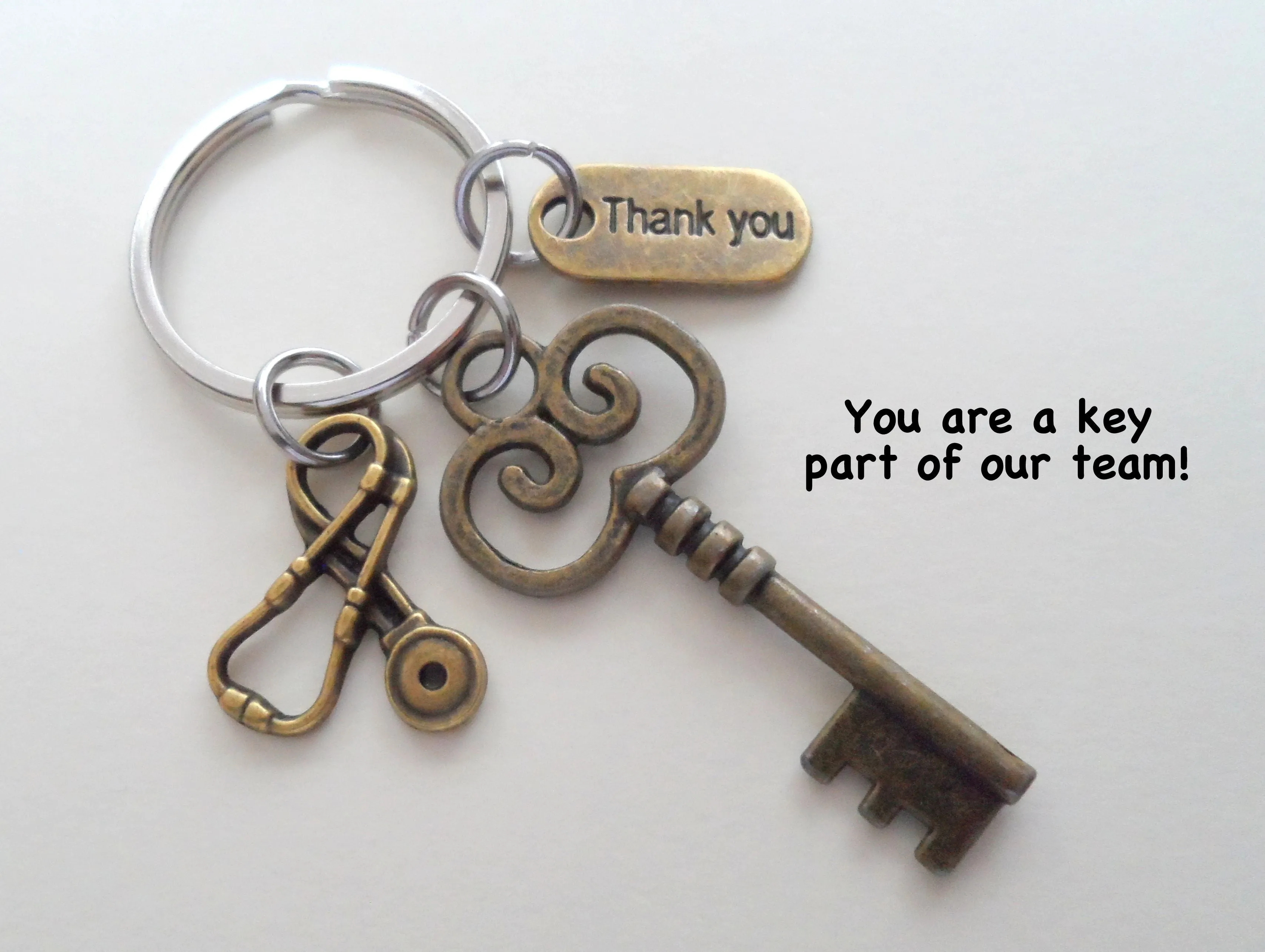 Bronze Key & Stethoscope Charm Keychain, Nurse Gift, Hospital Staff Appreciation Gift, Medical Team Gift, Thank You Gift