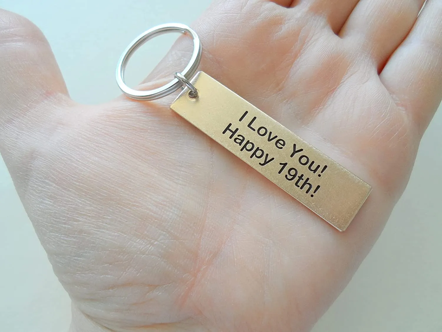 Bronze Tag Keychain Engraved with "I Love You! Happy 19th!"; 19 Year Anniversary Couples Keychain