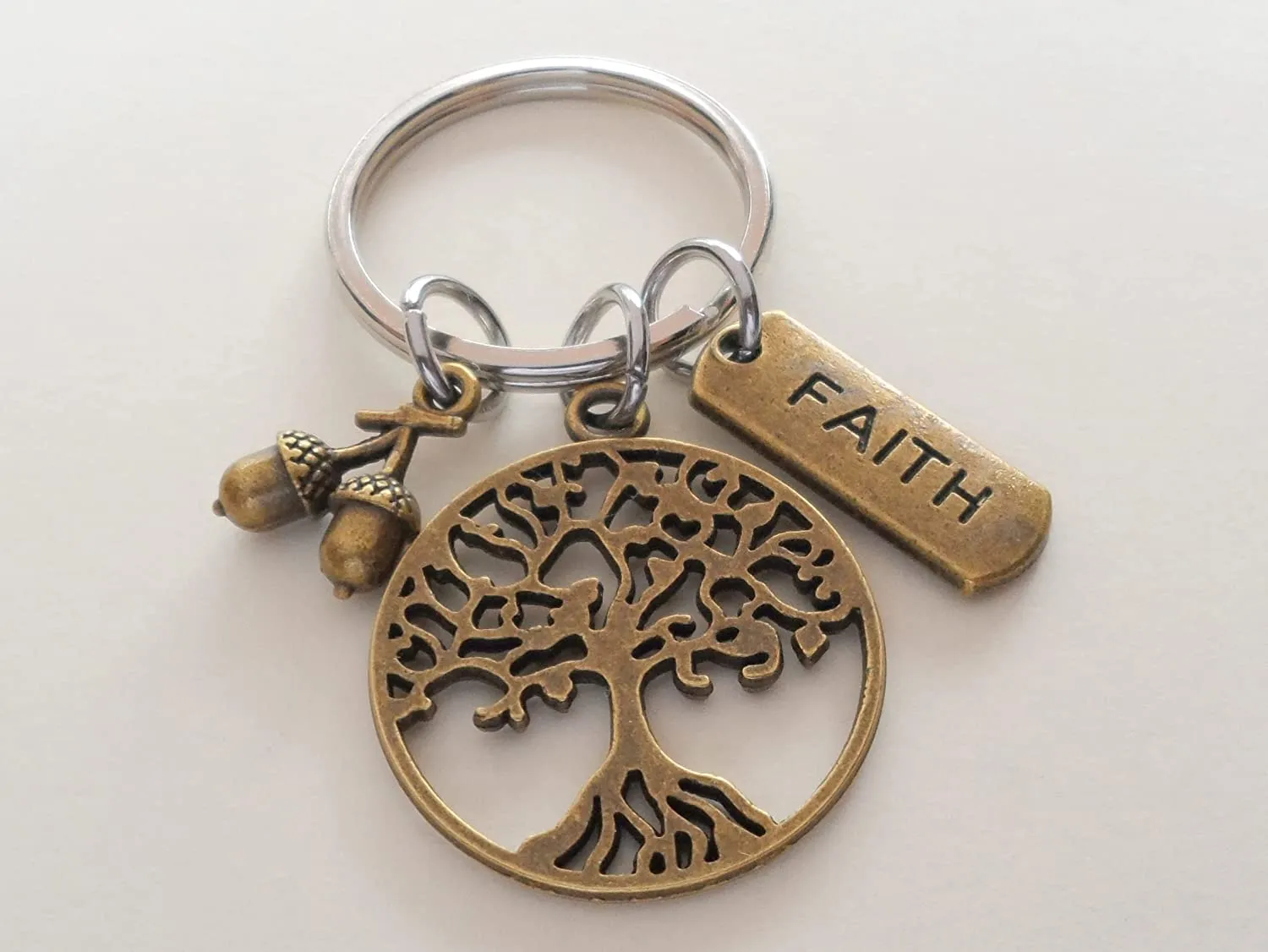 Bronze Tree Keychain with Faith Tag Charm & Seeds Charm, Religious Keychain