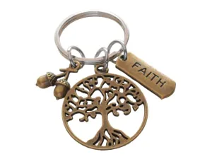 Bronze Tree Keychain with Faith Tag Charm & Seeds Charm, Religious Keychain