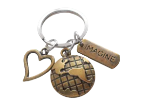 Bronze World Globe Charm Keychain with Heart & Imagine Tag, Volunteer or Community Service Keychain