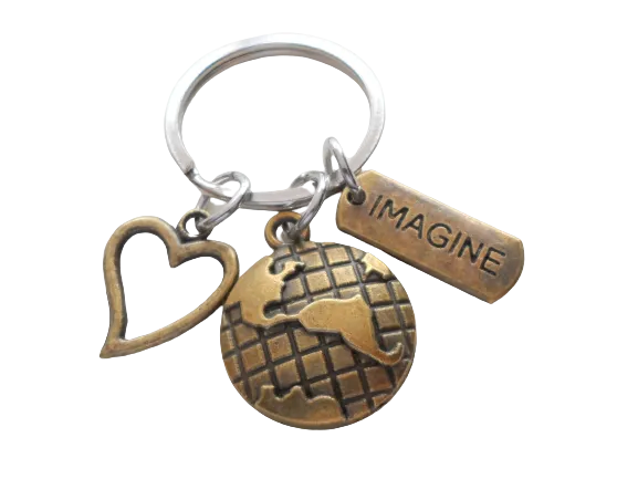 Bronze World Globe Charm Keychain with Heart & Imagine Tag, Volunteer or Community Service Keychain