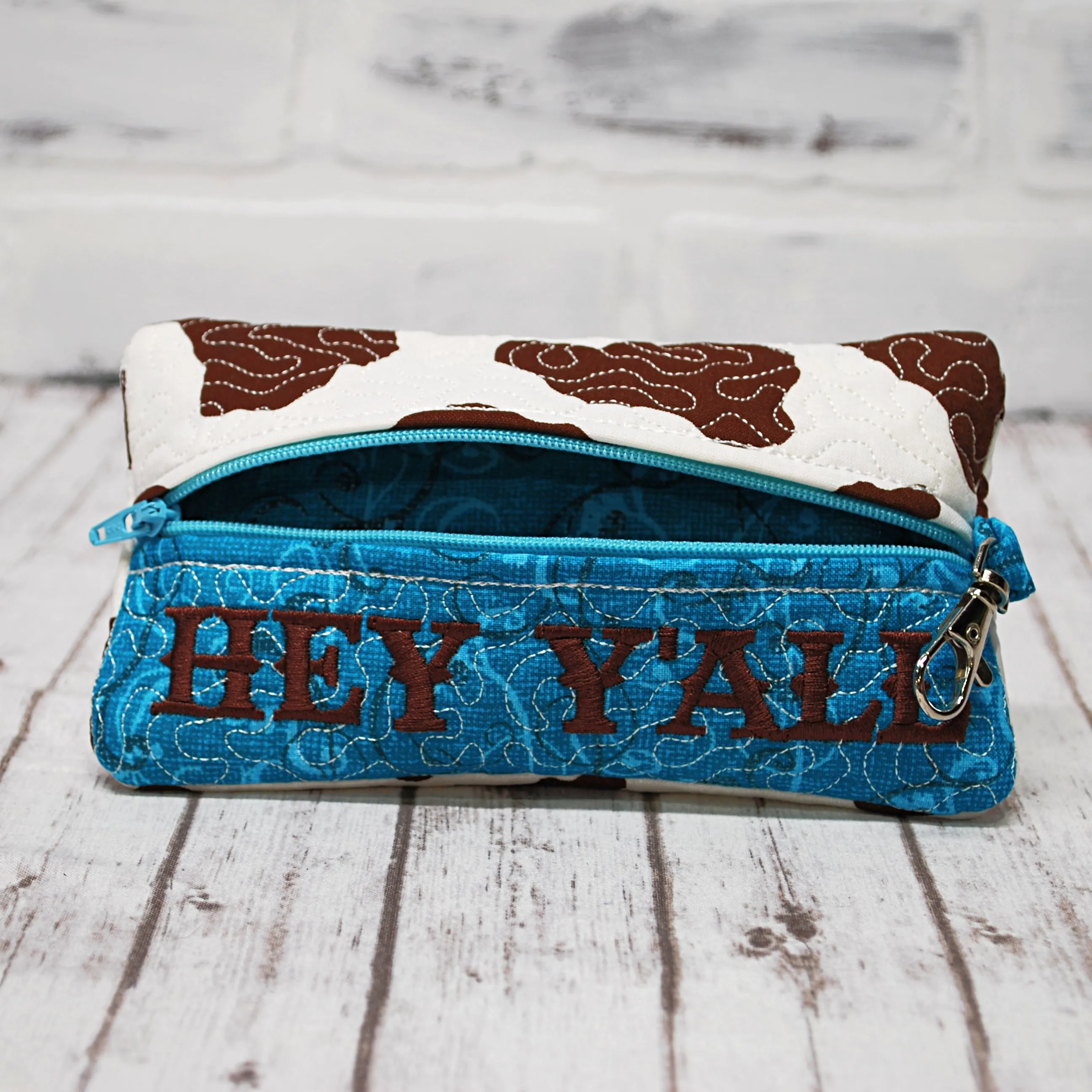 Brown Cow and Turquoise Personalized Quilted Pouch