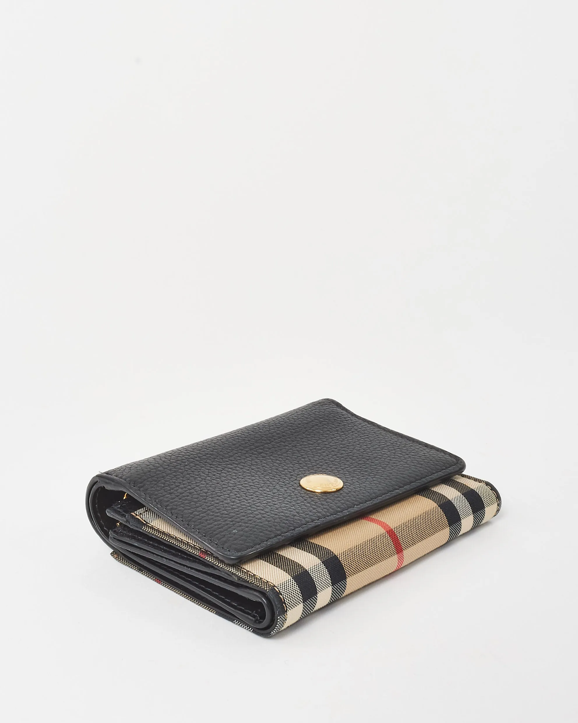 Burberry Black Leather and Beige Lancaster Check-Print Small Compact Wallet