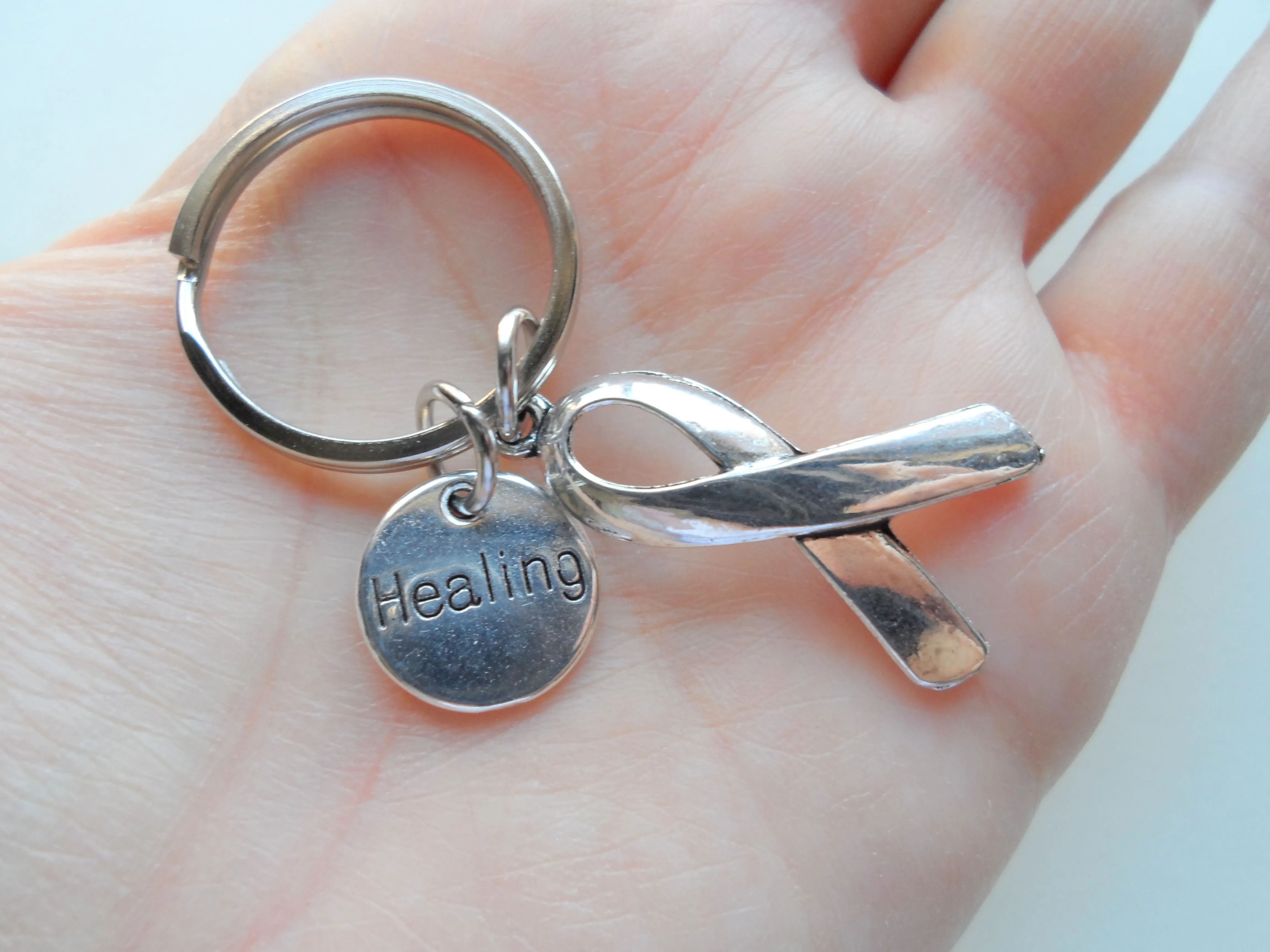 Cancer Awareness Ribbon & Healing Charm Keychain - Carry With You Hope And Strength