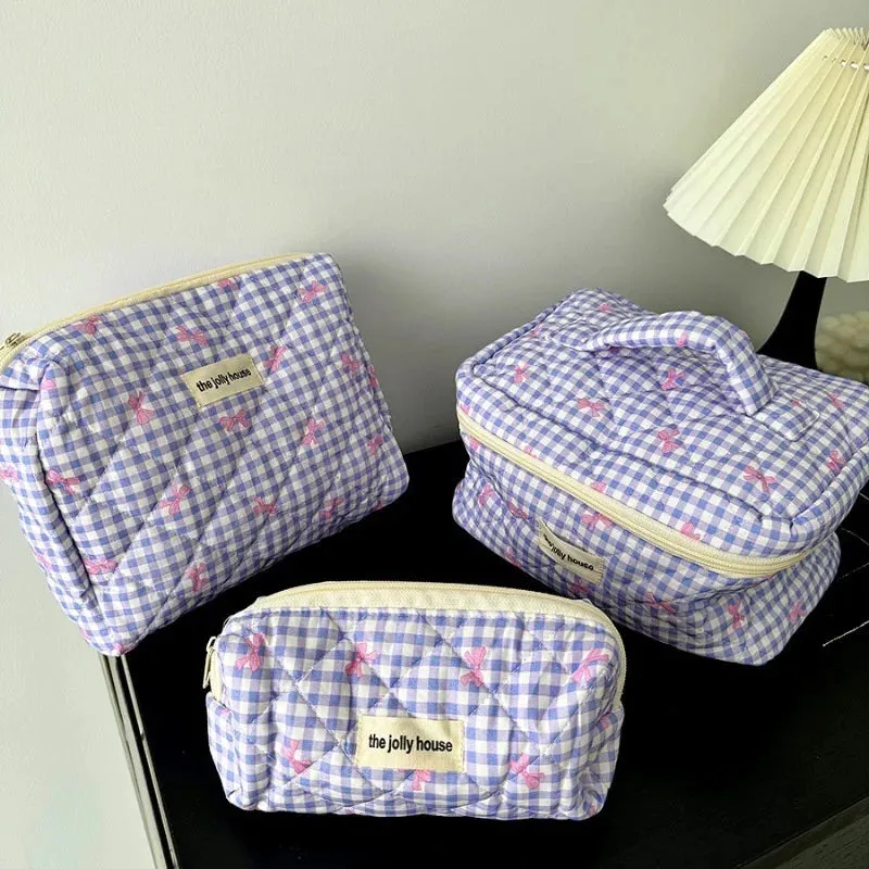 Chloe | Charming Checked Makeup Bag Set with Bow Design