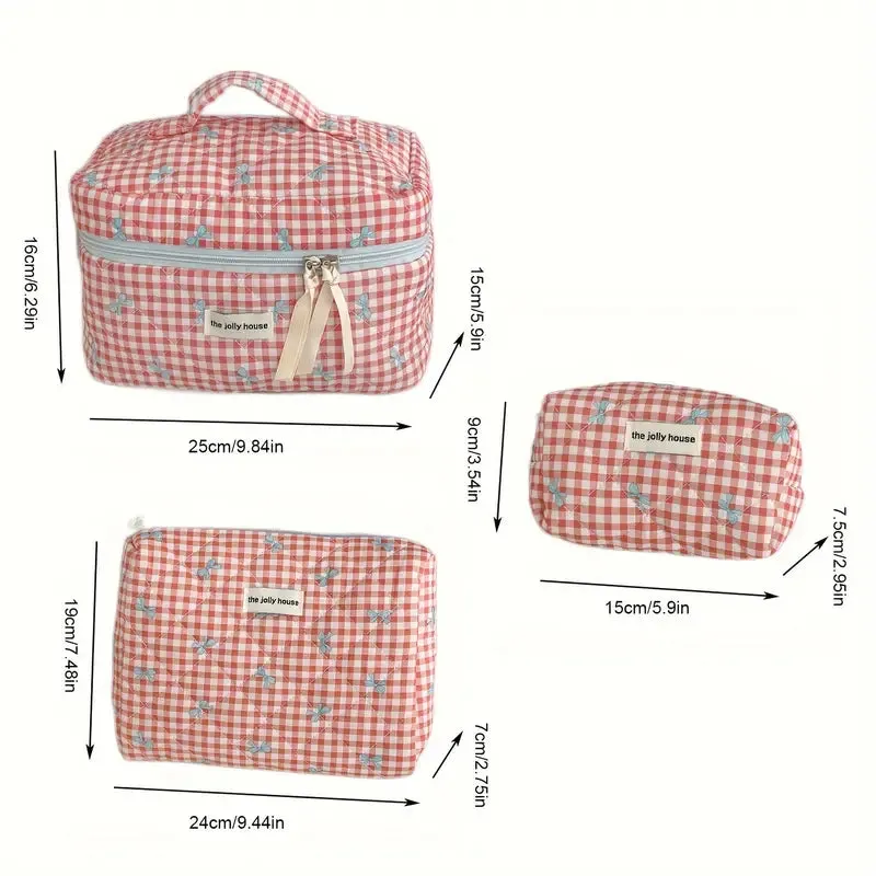 Chloe | Charming Checked Makeup Bag Set with Bow Design