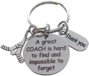 Coach Appreciation Keychain with "A Great Coach is Hard to Find and Impossible to Forget" Disc Charm (With Hockey Sticks Charm)