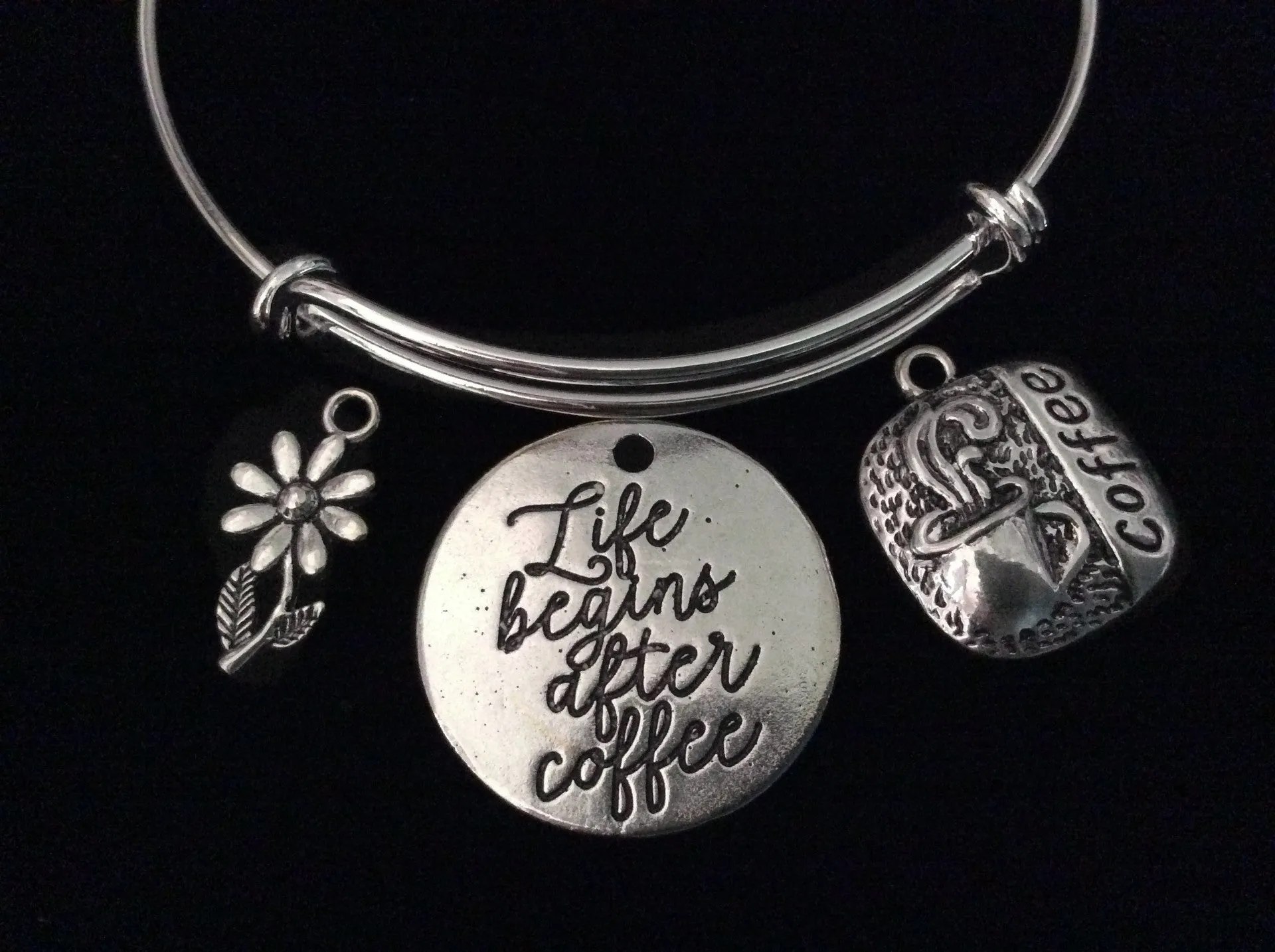 Coffee Lover Life Begins After Coffee Expandable Charm Bracelet Silver Wire Adjustable Bangle Gift Stacking Daisy