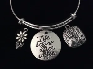 Coffee Lover Life Begins After Coffee Expandable Charm Bracelet Silver Wire Adjustable Bangle Gift Stacking Daisy