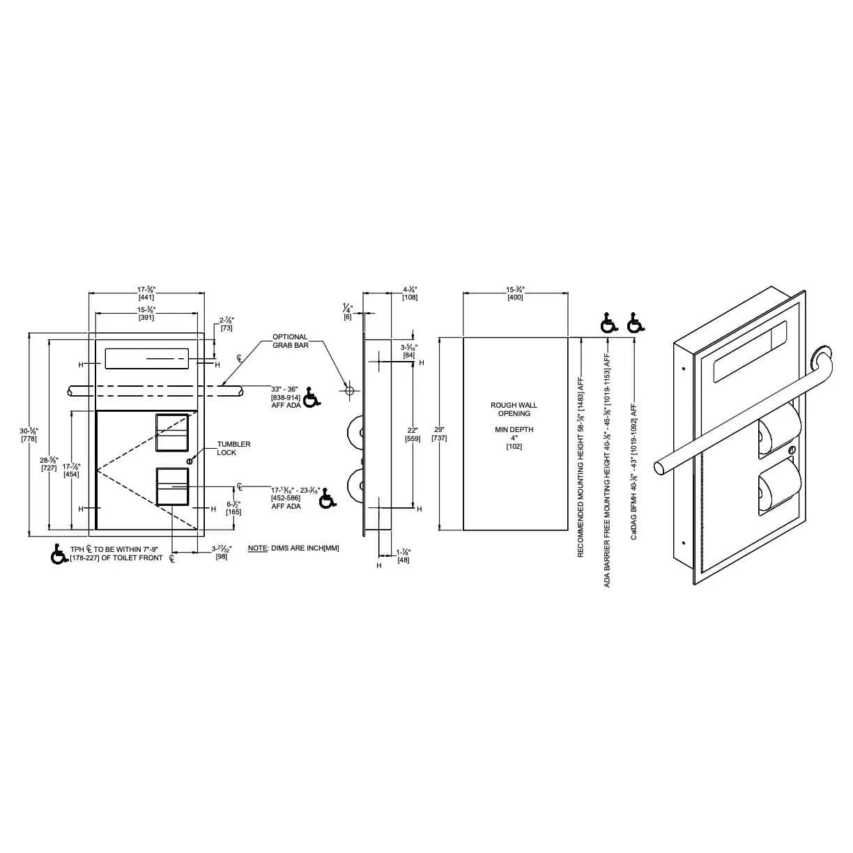 Commercial Seat-Cover Dispenser/Toilet Paper Dispenser, Recessed-Mounted, Stainless Steel ASI 0485