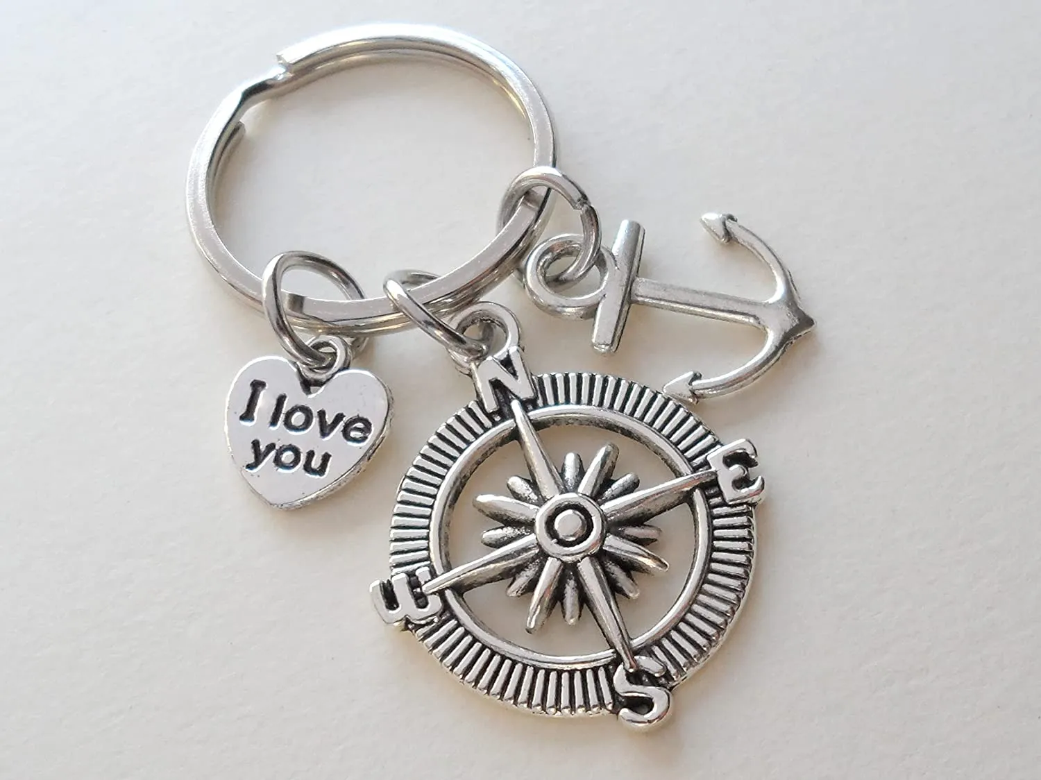 Compass Charm Keychain with Anchor & I Love You Heart Charm - I'd Be Lost Without You; Couples Keychain