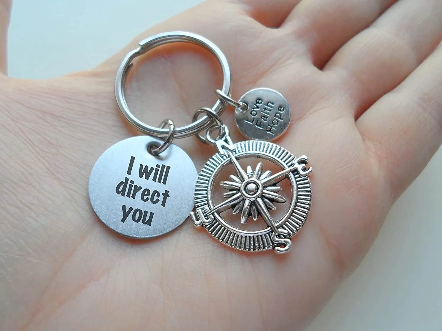 Compass Keychain with Love Faith Hope Circle Charm and I Will Direct You Circle Charm, Religious Keychain
