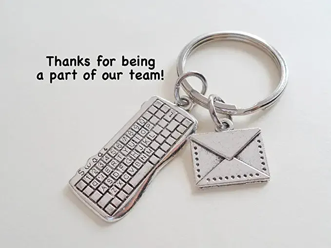 Computer Keyboard Charm Keychain with Envelope Charm; Secretary, Receptionist, Office Staff, or Employee Keychain