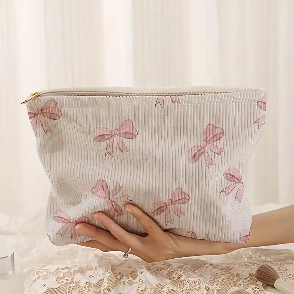 Corduroy Pink Bow Bag Cosmetic Bag
