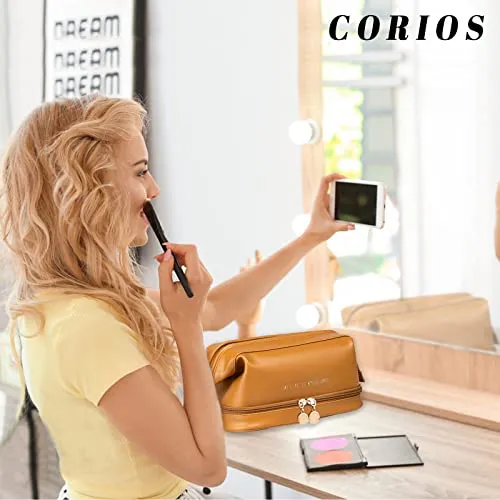 CORIOS Toiletry Bag For Women Portable Make Up Bag Waterproof Wash Bag PU Leather Cosmetic Bag Bathroom Shower Bag Multifunctional Travel Organizer For Shampoo, Cosmetics, Toiletries Brown B