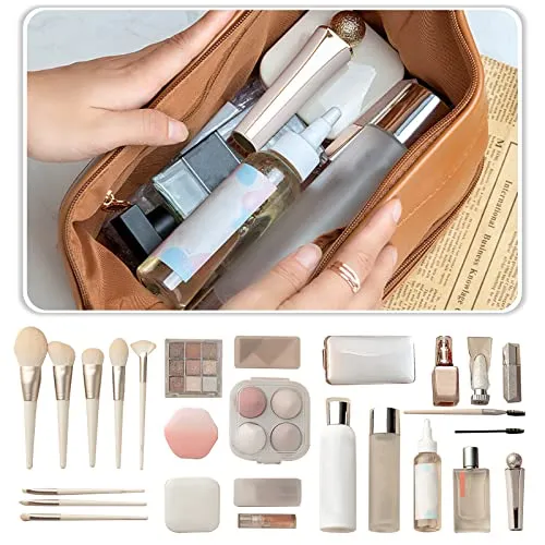 CORIOS Toiletry Bag For Women Portable Make Up Bag Waterproof Wash Bag PU Leather Cosmetic Bag Bathroom Shower Bag Multifunctional Travel Organizer For Shampoo, Cosmetics, Toiletries Brown B