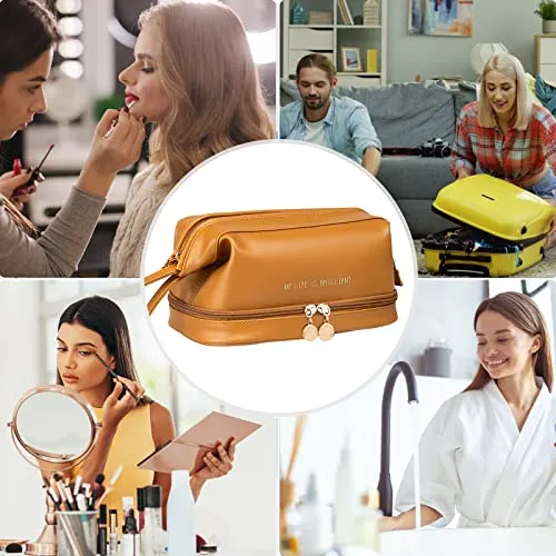 CORIOS Toiletry Bag For Women Portable Make Up Bag Waterproof Wash Bag PU Leather Cosmetic Bag Bathroom Shower Bag Multifunctional Travel Organizer For Shampoo, Cosmetics, Toiletries Brown B