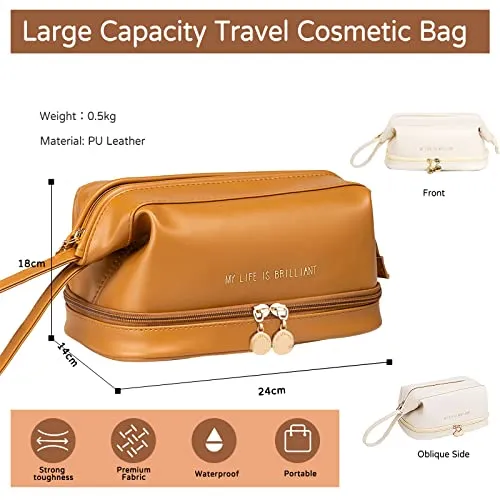 CORIOS Toiletry Bag For Women Portable Make Up Bag Waterproof Wash Bag PU Leather Cosmetic Bag Bathroom Shower Bag Multifunctional Travel Organizer For Shampoo, Cosmetics, Toiletries Brown B