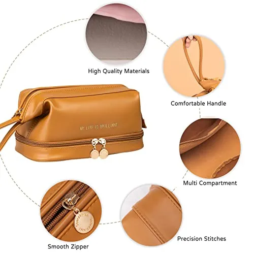 CORIOS Toiletry Bag For Women Portable Make Up Bag Waterproof Wash Bag PU Leather Cosmetic Bag Bathroom Shower Bag Multifunctional Travel Organizer For Shampoo, Cosmetics, Toiletries Brown B