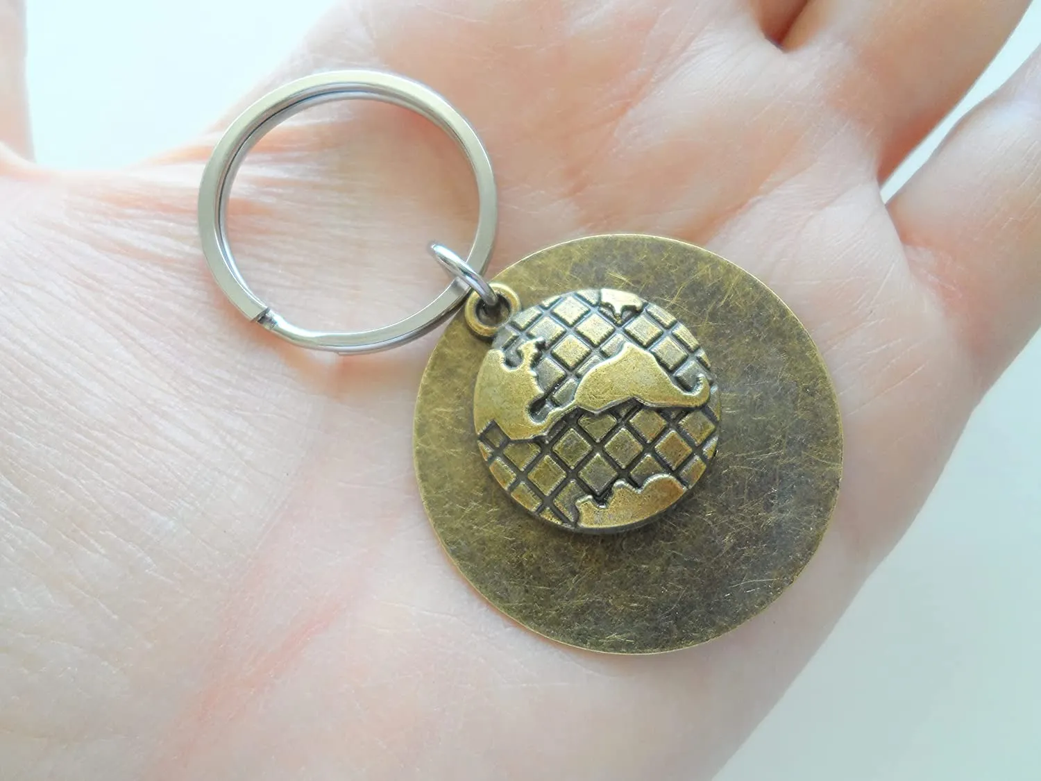 Custom Bronze World Globe Keychain with Engraved Disc for Coordinates, Couples Anniversary Keychain, Long Distance Relationship Keychain