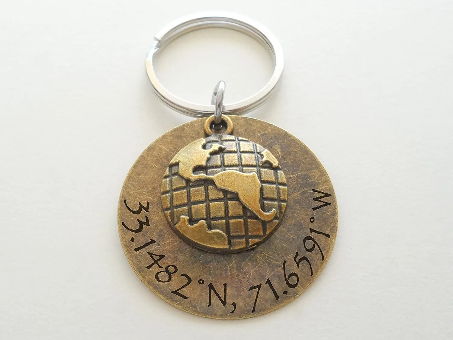 Custom Bronze World Globe Keychain with Engraved Disc for Coordinates, Couples Anniversary Keychain, Long Distance Relationship Keychain