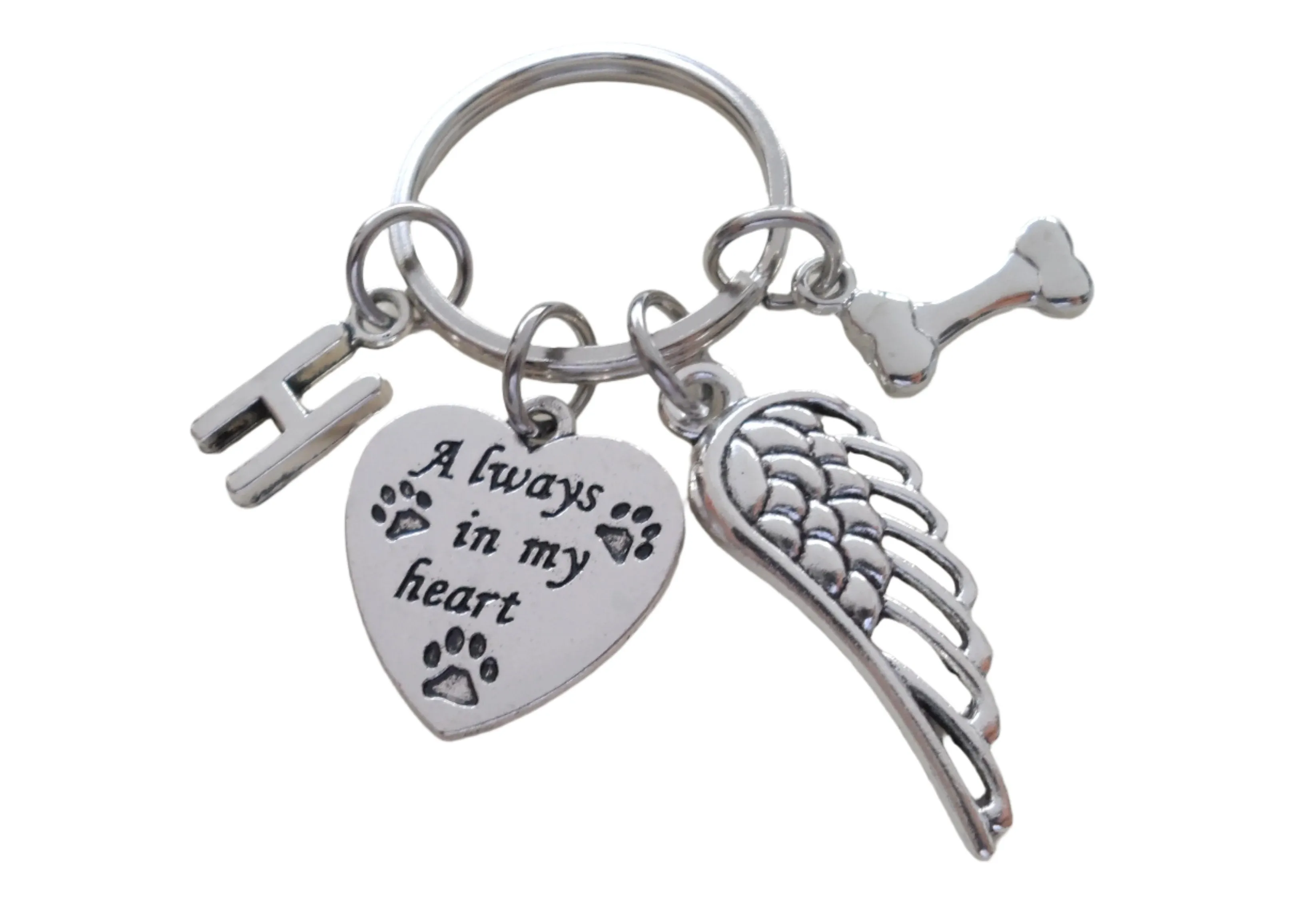 Custom Dog Memorial Keychain • Always in My Heart Keychain with Bone Charm and Wing Charm | JE