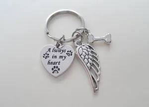 Custom Dog Memorial Keychain • Always in My Heart Keychain with Bone Charm and Wing Charm | JE