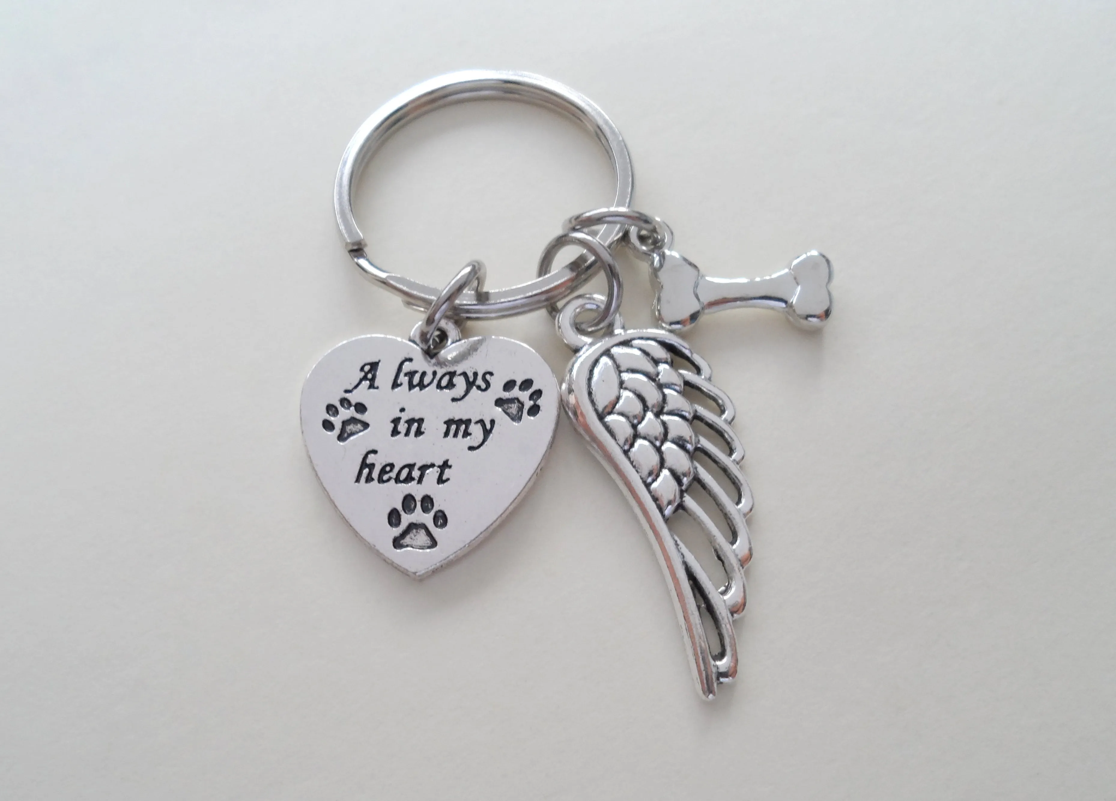 Custom Dog Memorial Keychain • Always in My Heart Keychain with Bone Charm and Wing Charm | JE