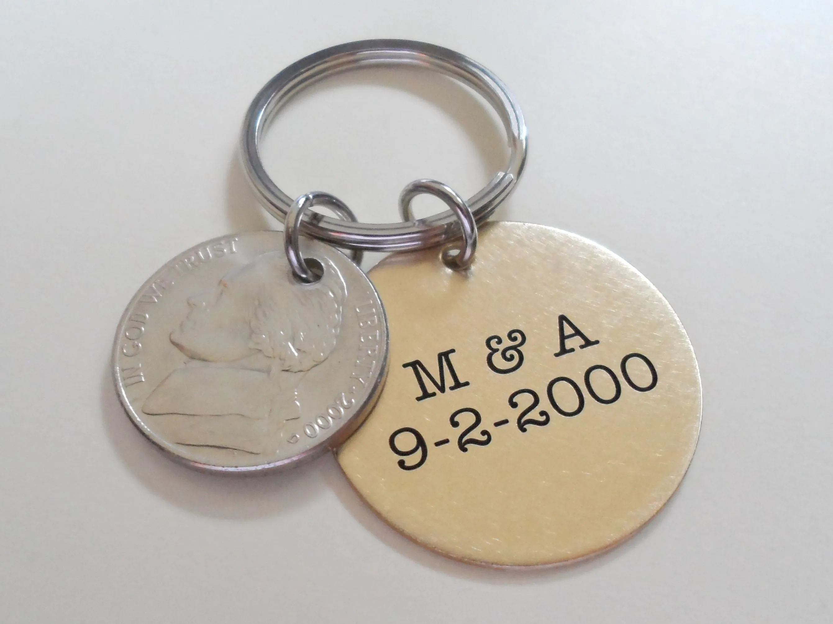 Custom Engraved Brass Disc Keychain with Nickel, 21 Year Anniversary Gift Keychain, Personalized Engraved Keychain