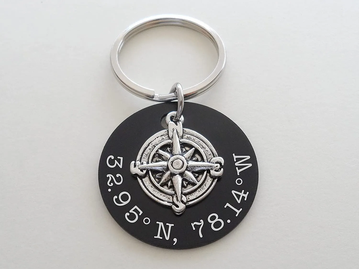 Custom Engraved Coordinates Keychain Anodized Aluminum Disc with Compass Charm, Anniversary Gift Keychain, Special Occasion GPS Keychain