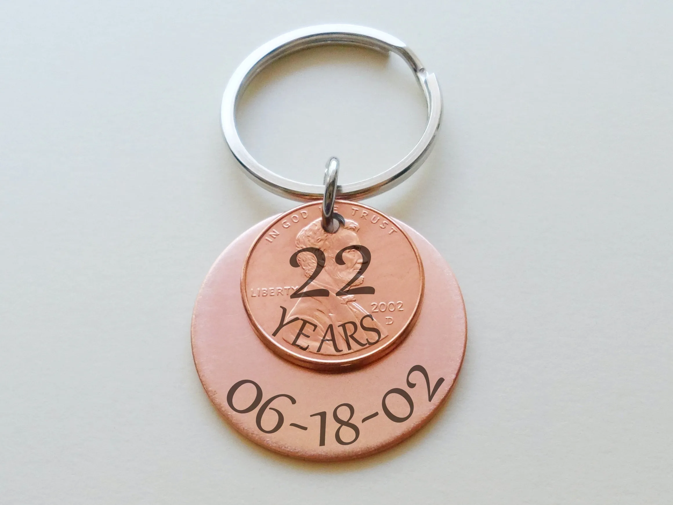 Custom Engraved Copper Disc Keychain with Penny, 7 Year, 22 Year or Other Year Anniversary Gift Keychain Personalized