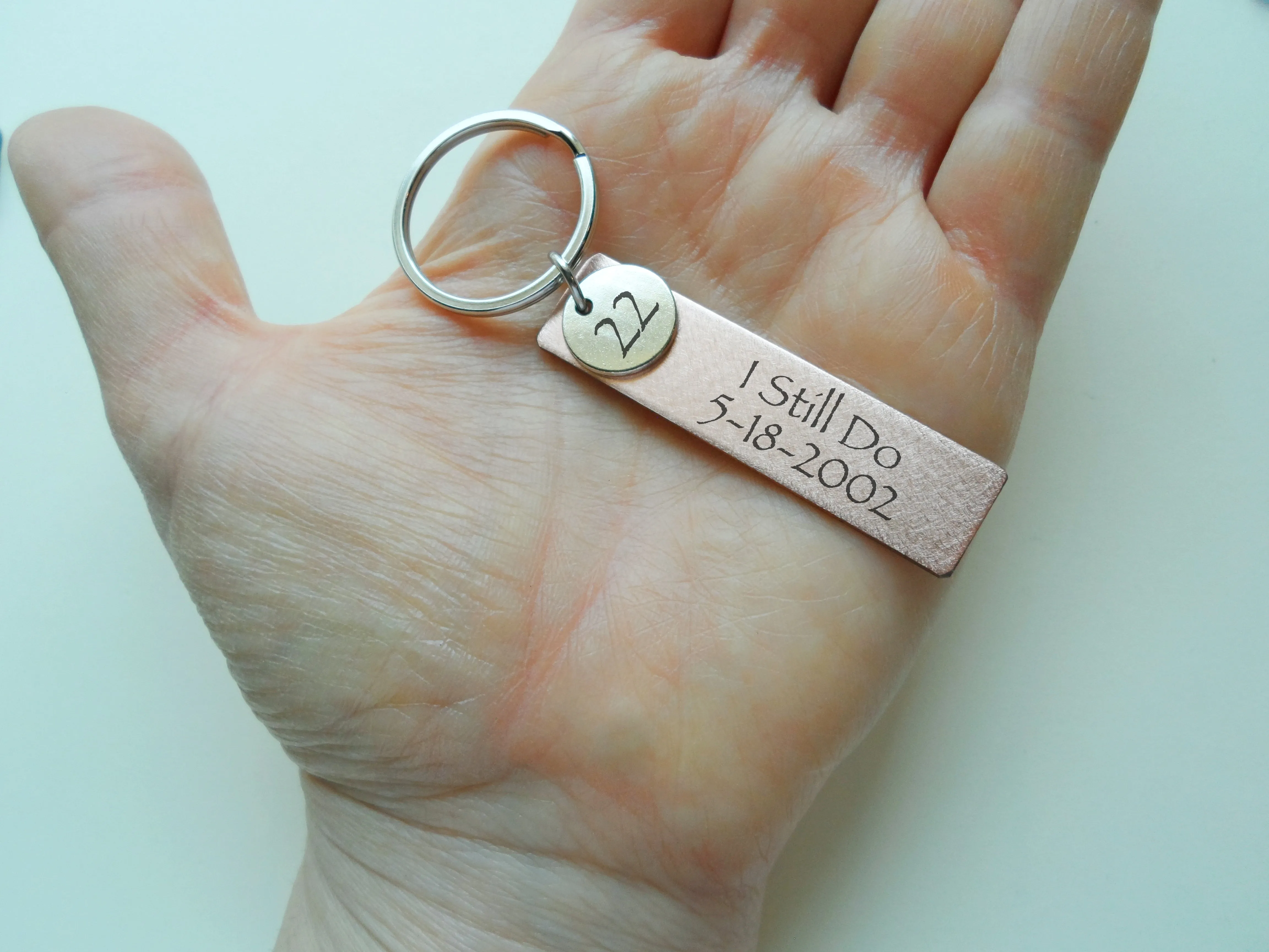 Custom Engraved Copper Tag with 22 Charm Keychain, 22 Year Anniversary Gift Keychain, Personalized Engraved Keychain