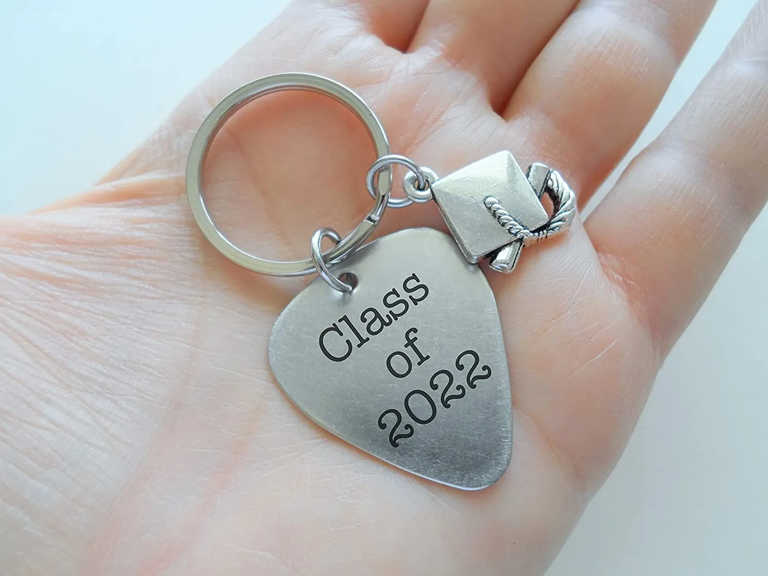 Custom Engraved Graduation Metal Guitar Pick Keychain with Graduate Cap Charm, Class of 2025 Personalized Graduate Keychain, Gift for Graduate