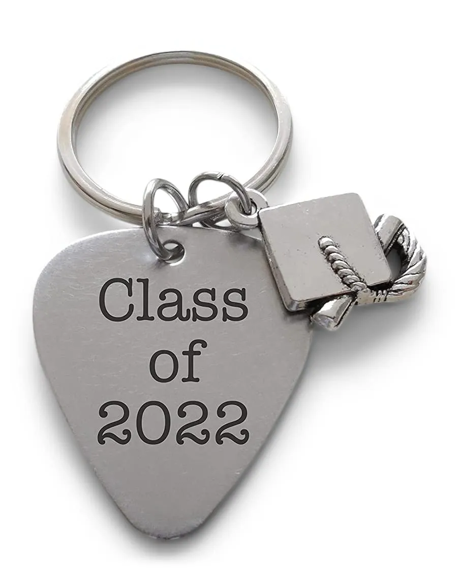 Custom Engraved Graduation Metal Guitar Pick Keychain with Graduate Cap Charm, Class of 2025 Personalized Graduate Keychain, Gift for Graduate