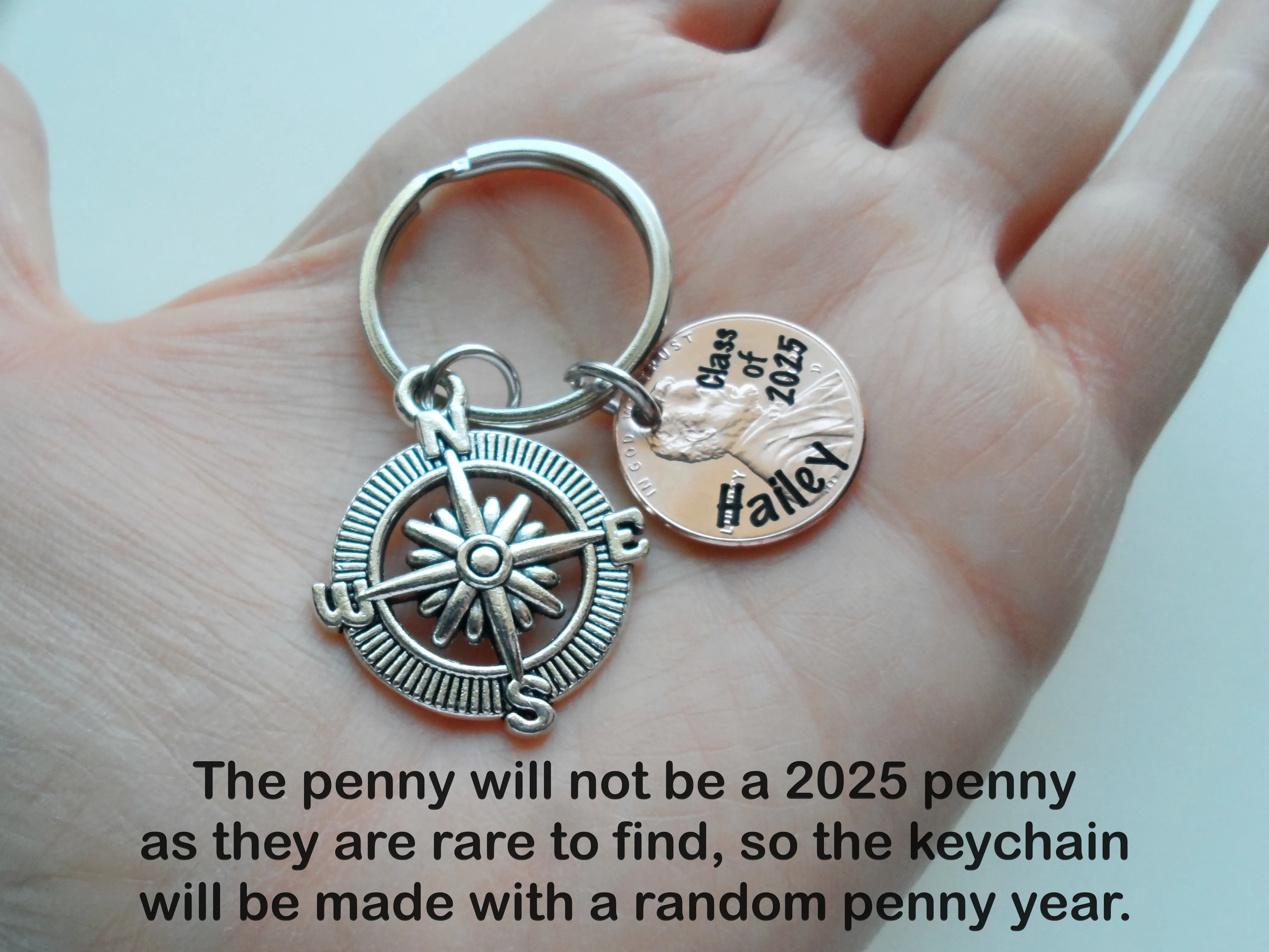 Custom Engraved "Class of 2025" and Name on Penny Keychain with Compass Charm, Personalized Graduate Keychain, For Graduation